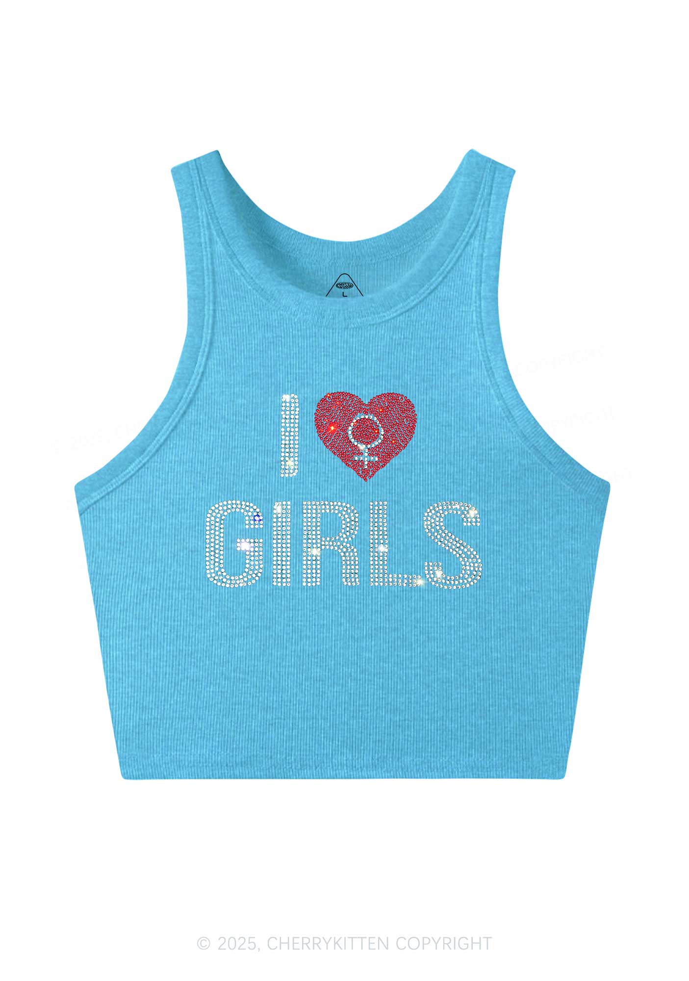 Rhinestone I Love Girls Pride Y2K Crop Tank Top Cherrykitten