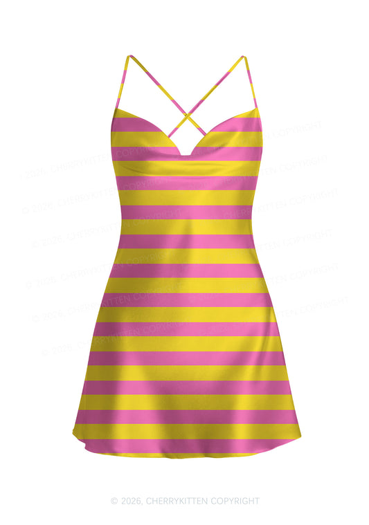 Pink And Yellow Stripes Y2K Print Satin Cowl Neck Slip Dress Cherrykitten