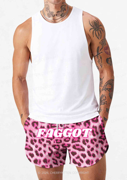 Pink Leopard Faggot Pride Y2K Print Men Beach Shorts Cherrykitten