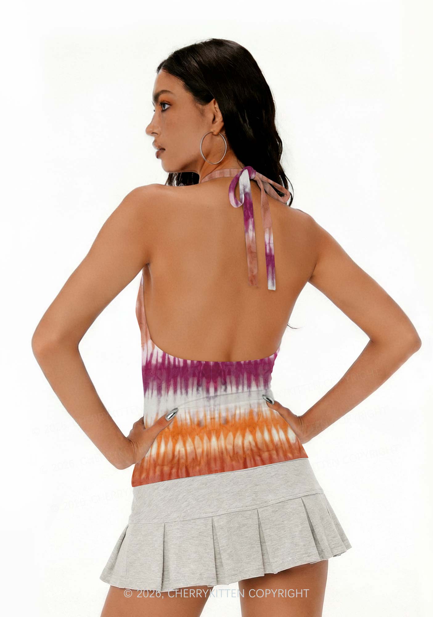 Lesbian Tie Dye Pride Y2K Print Halter Deep V Neck Cami Cherrykitten