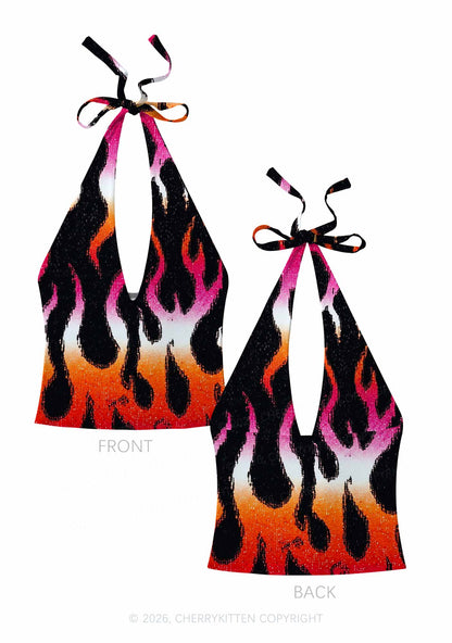 Lesbian Flame Pride Y2K Print Halter Deep V Neck Cami Cherrykitten
