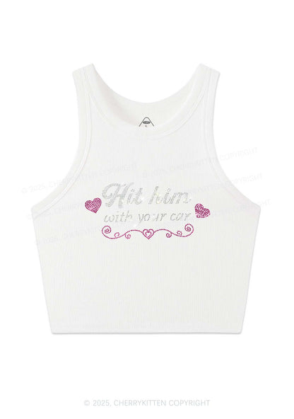 Rhinestone Hit Him Y2K Crop Tank Top Cherrykitten