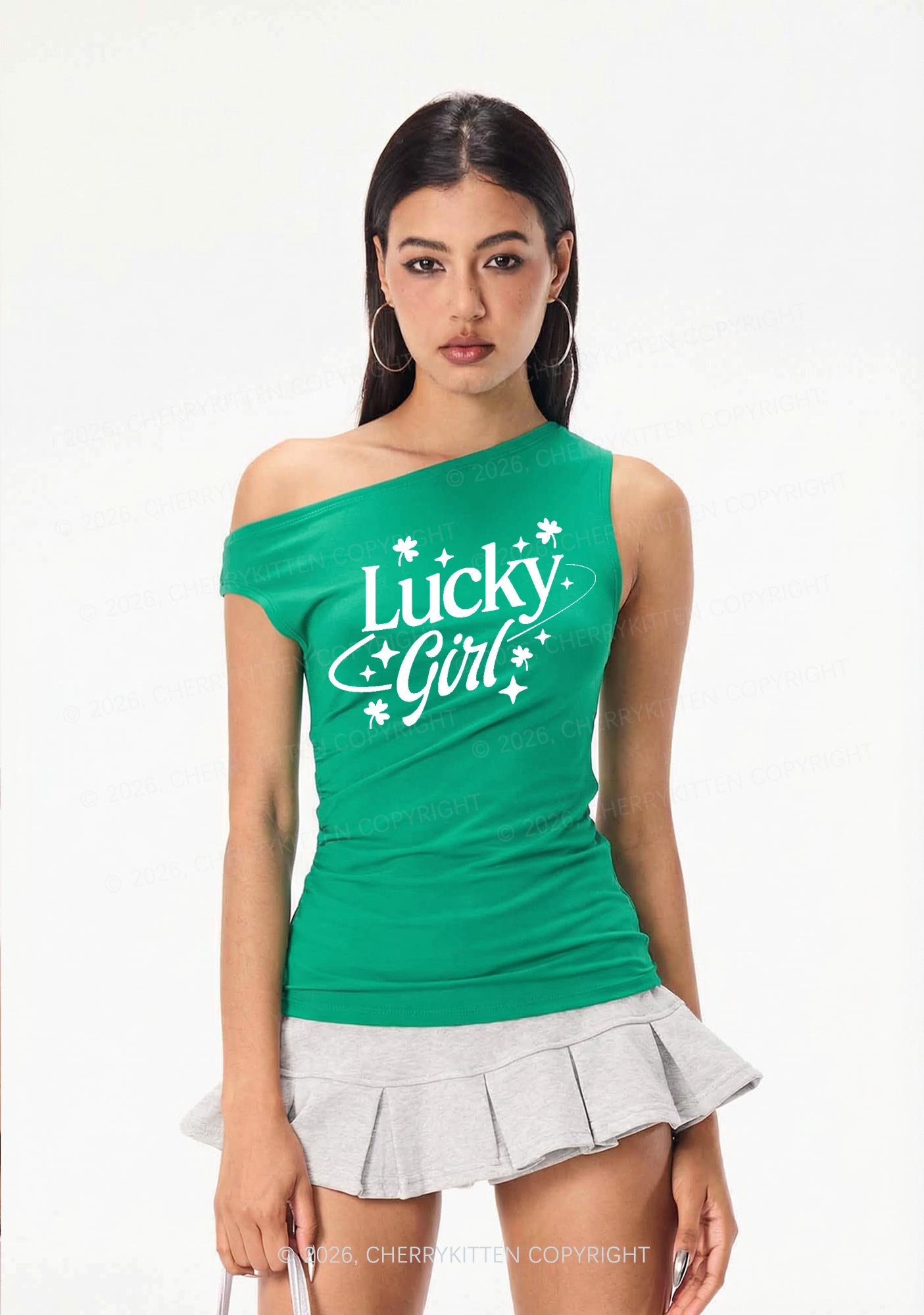 Lucky Girl Star Clover St Patricks Y2K Off Shoulder Tank Top Cherrykitten
