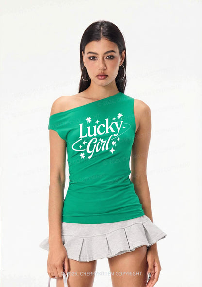 Lucky Girl Star Clover St Patricks Y2K Off Shoulder Tank Top Cherrykitten