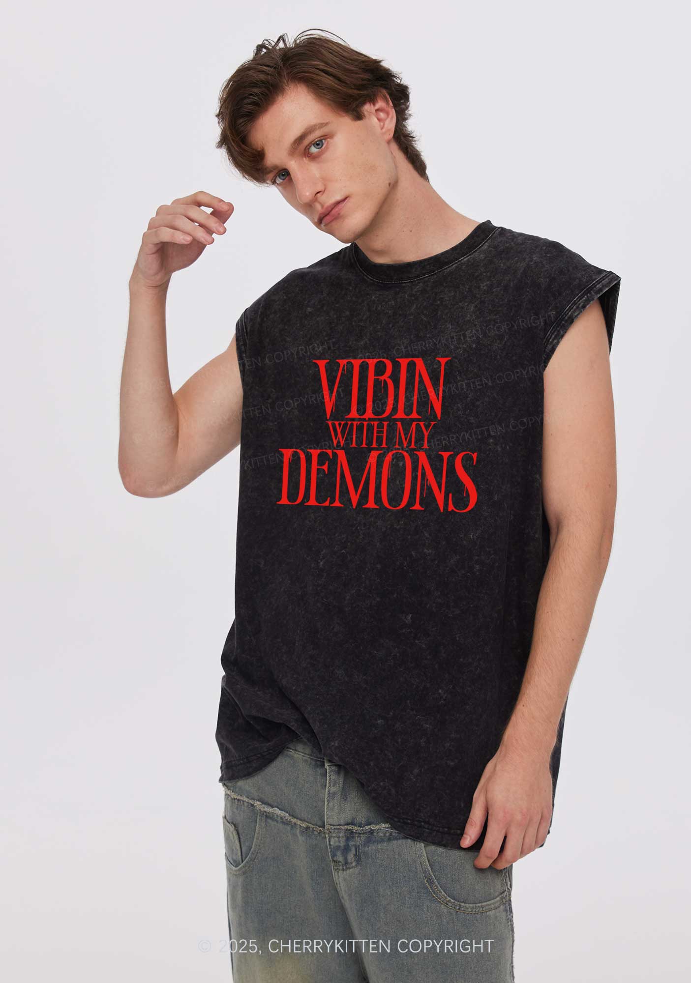 Halloween Vibin With My Demons Y2K Washed Muscle Tank Cherrykitten