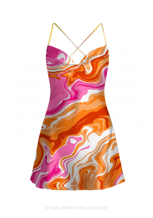 Lesbian Liquid Tie Dye Pride Y2K Print Satin Cowl Neck Slip Dress Cherrykitten