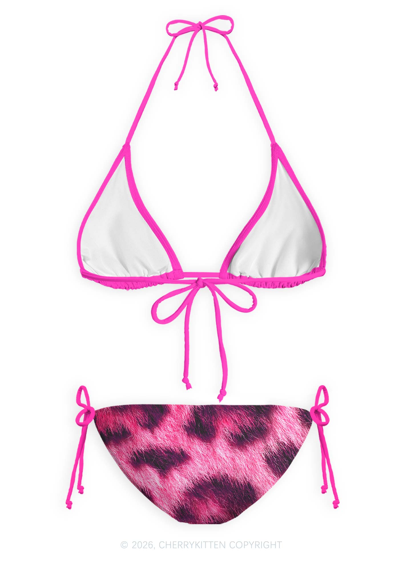 Hot Pink Fuzzy Leopard Y2K Print Bikini Set Cherrykitten