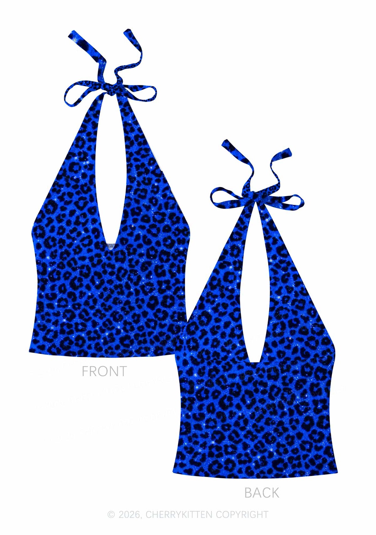 Royal Blue Leopard Y2K Print Halter Deep V Neck Cami Cherrykitten