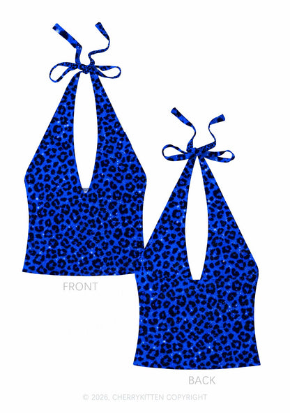 Royal Blue Leopard Y2K Print Halter Deep V Neck Cami Cherrykitten