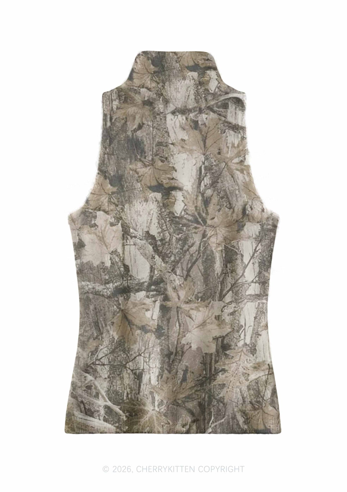 Tree Leaf Camo Y2K Knit Turtleneck Tank Top Cherrykitten