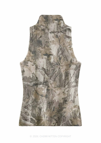 Tree Leaf Camo Y2K Knit Turtleneck Tank Top Cherrykitten