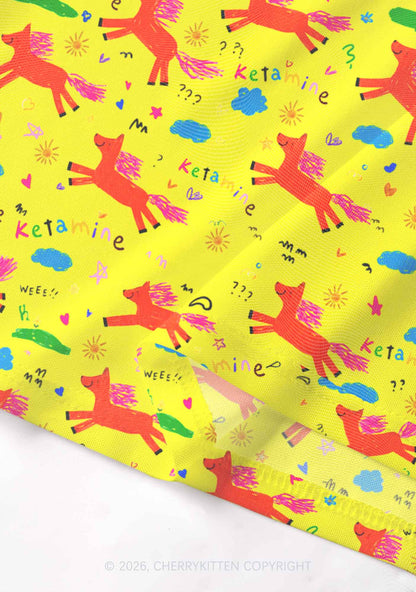 Orange Pony On Yellow Y2K Mesh Crop Top Cherrykitten