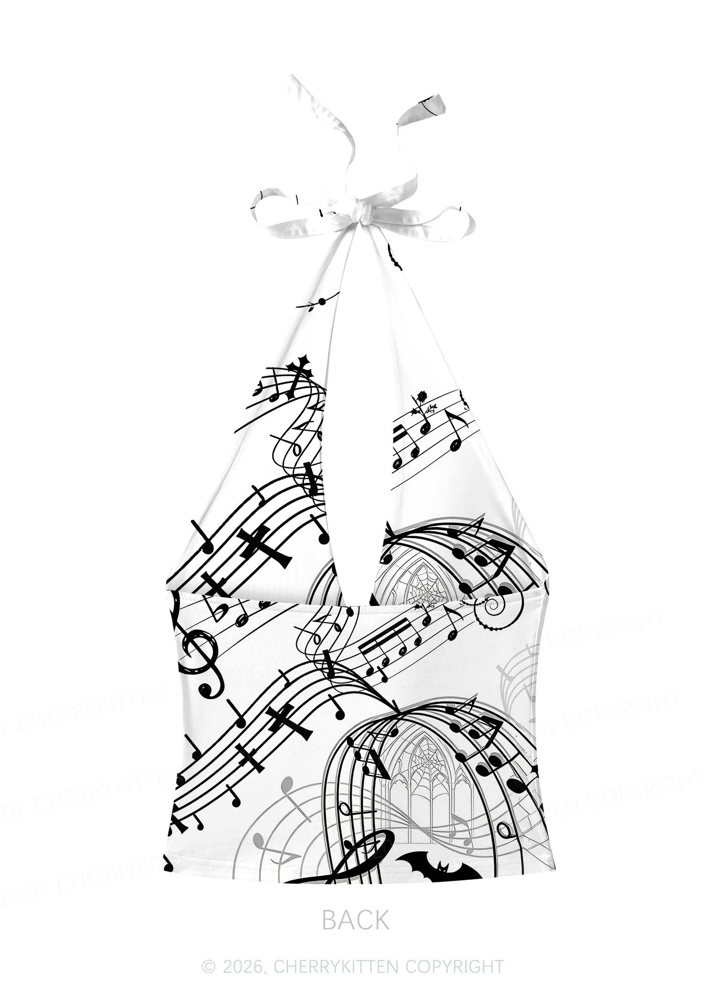 Halloween Gothic Music Note Cross Bat Y2K Print Halter Deep V Neck Cami Cherrykitten