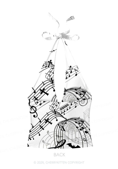 Halloween Gothic Music Note Cross Bat Y2K Print Halter Deep V Neck Cami Cherrykitten