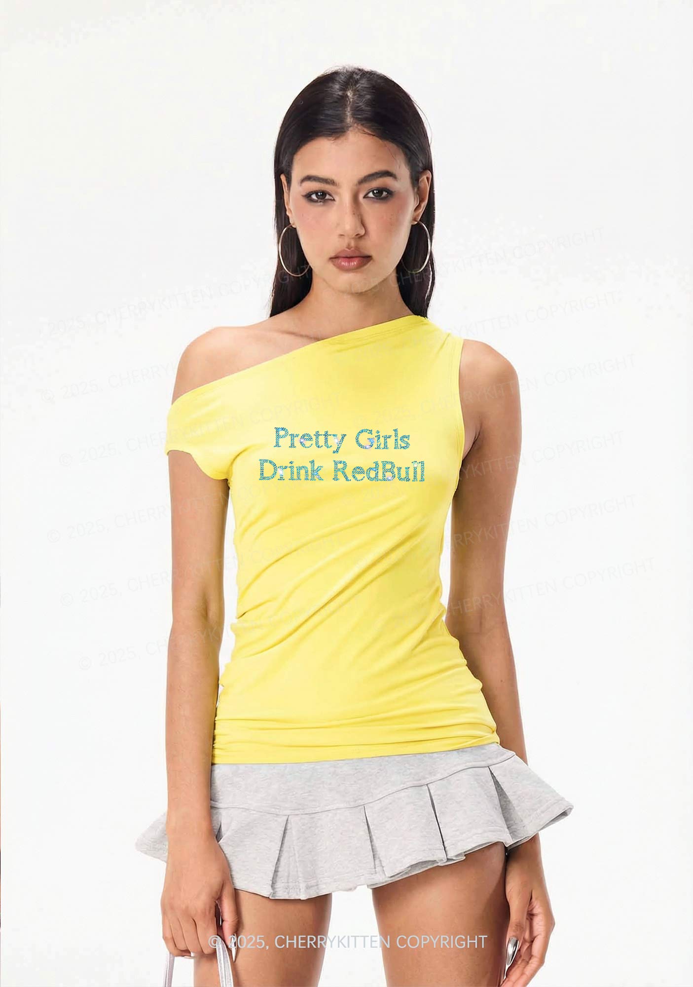 Rhinestone Pretty Girls Drink Red Y2K Off Shoulder Tank Top Cherrykitten