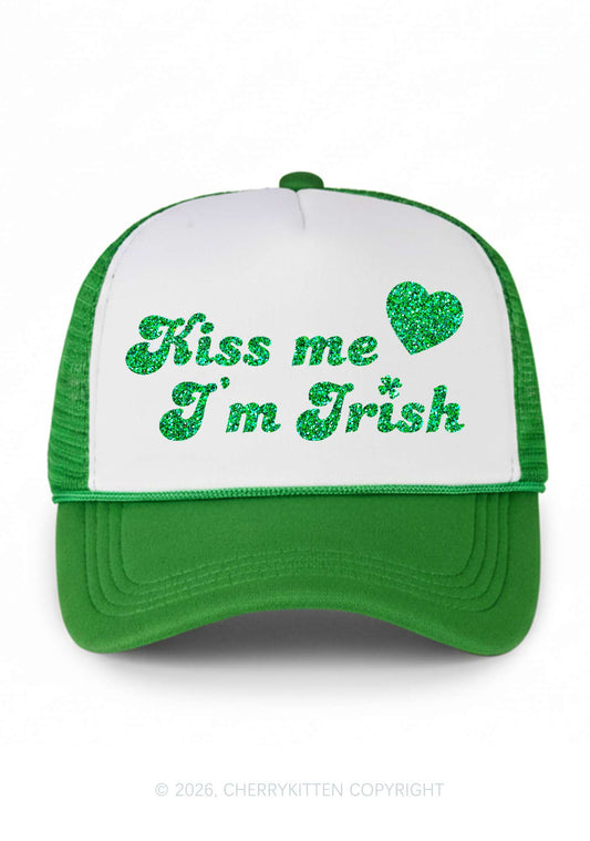 Glitter Kiss Me Im Irish St Patricks Y2K Colorblock Trucker Hat Cherrykitten