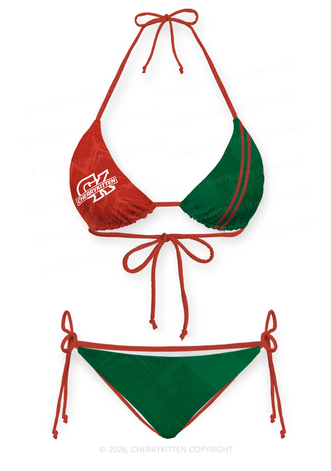 Red Green Color Block Y2K Print Bikini Set Cherrykitten