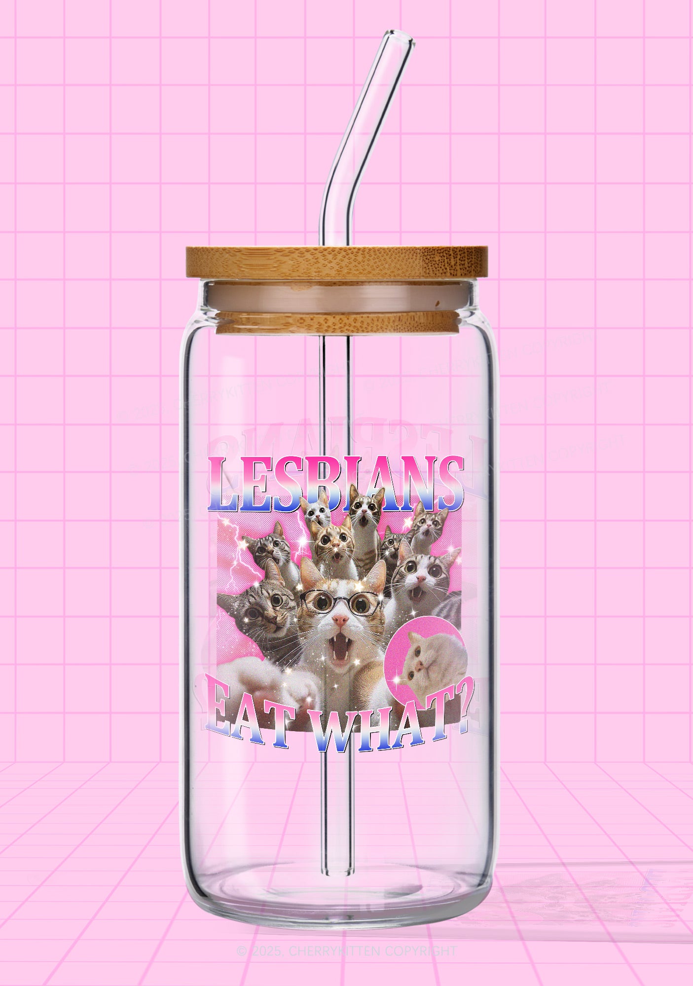 Lesbians Eat What Cat Pride Y2K Printed Glass Cup Cherrykitten