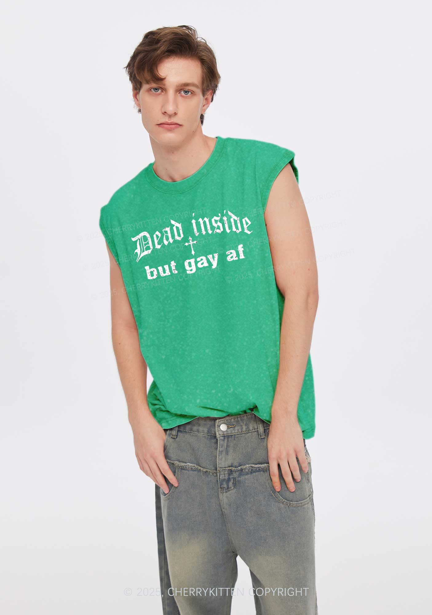 Dead Inside But Gay AF Pride Y2K Washed Muscle Tank Cherrykitten