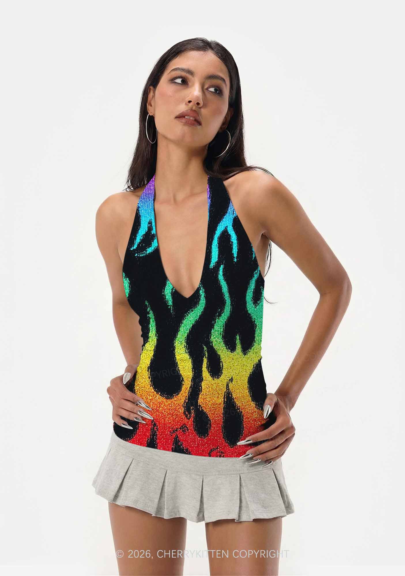 Rainbow Flame Pride Y2K Print Halter Deep V Neck Cami Cherrykitten