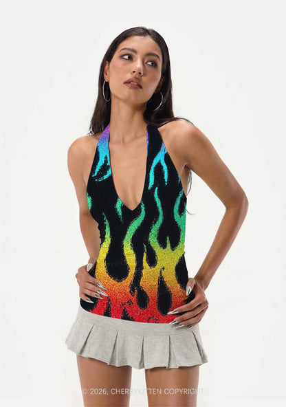 Rainbow Flame Pride Y2K Print Halter Deep V Neck Cami Cherrykitten