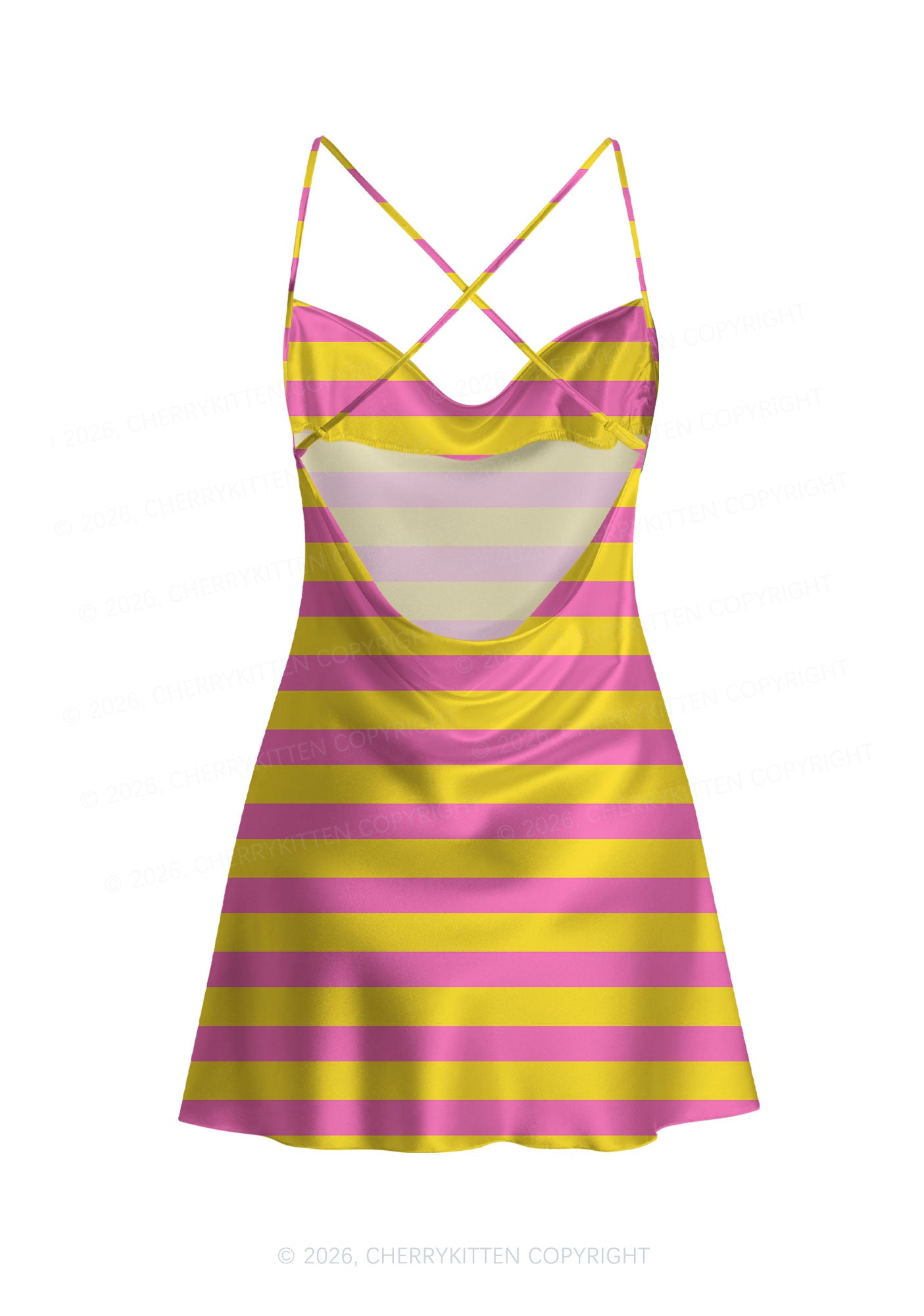 Pink And Yellow Stripes Y2K Print Satin Cowl Neck Slip Dress Cherrykitten