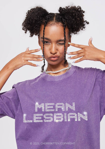 Rhinestone Mean Lesbian Pride Y2K Shirts Washed Tee Cherrykitten