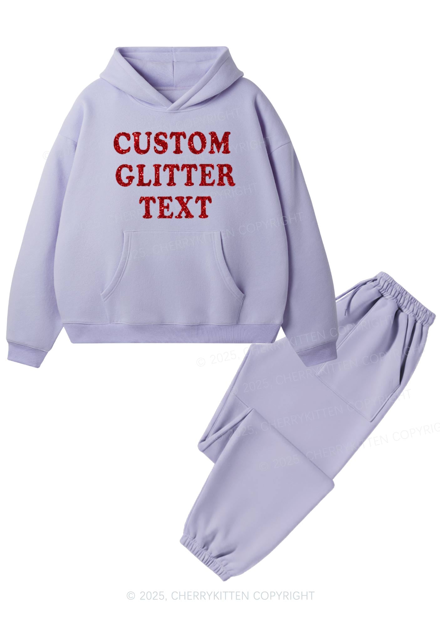 Custom Text Glitter Y2K Fleece Hoodie Set Cherrykitten