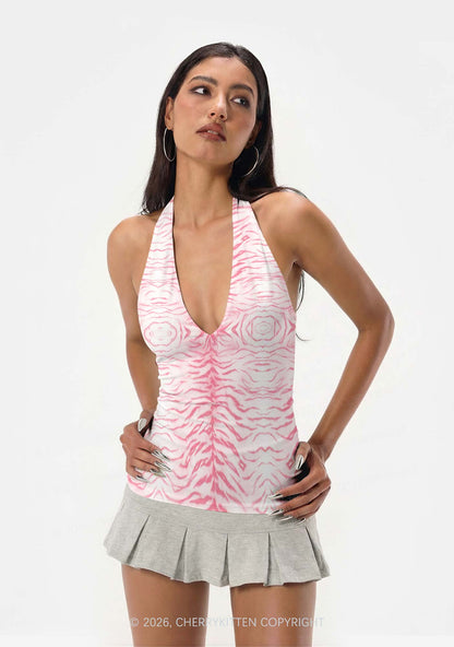 Pink Tiger Stripe Y2K Print Halter Deep V Neck Cami Cherrykitten