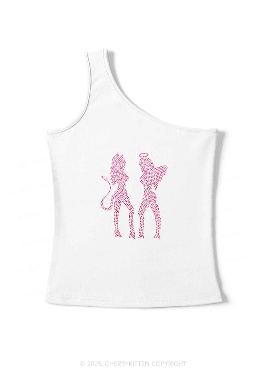 Rhinestone Dancing Girls Y2K One Shoulder Tank Top Cherrykitten