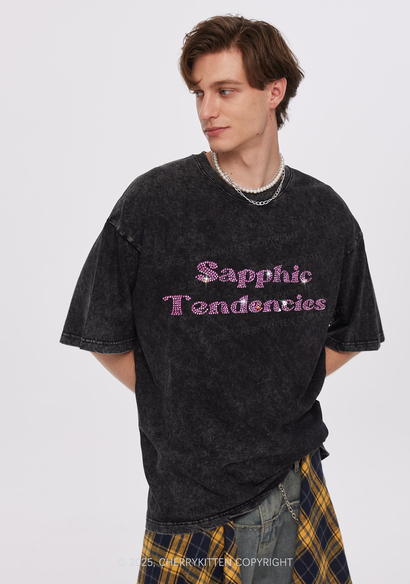 Rhinestone Sapphic Tendencies Pride Y2K Shirts Washed Tee Cherrykitten