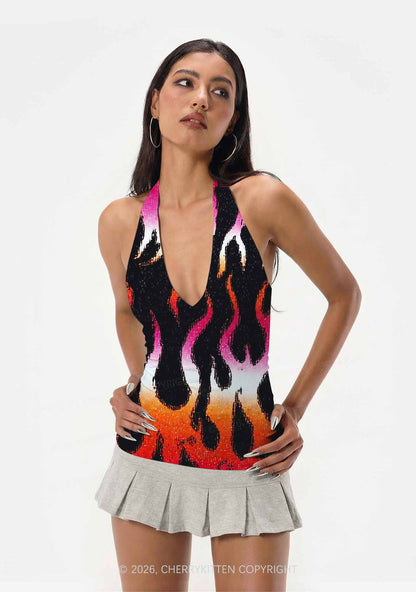 Lesbian Flame Pride Y2K Print Halter Deep V Neck Cami Cherrykitten