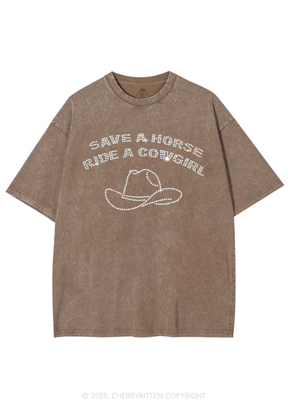 Rhinestone Save Horse Ride Cowgirl Y2K Shirts Washed Tee Cherrykitten