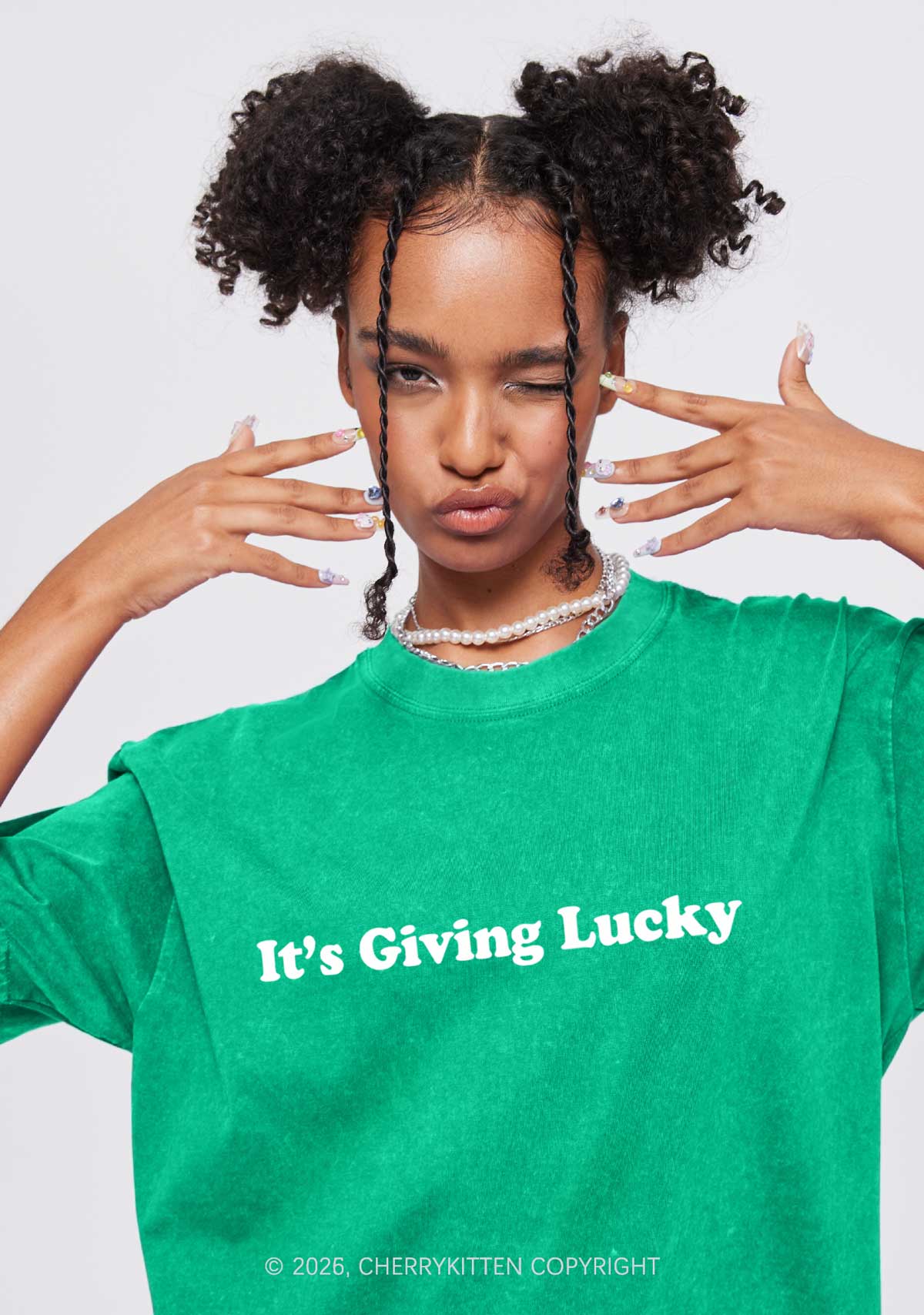 Its Giving Lucky St Patricks Y2K Washed Tee Cherrykitten