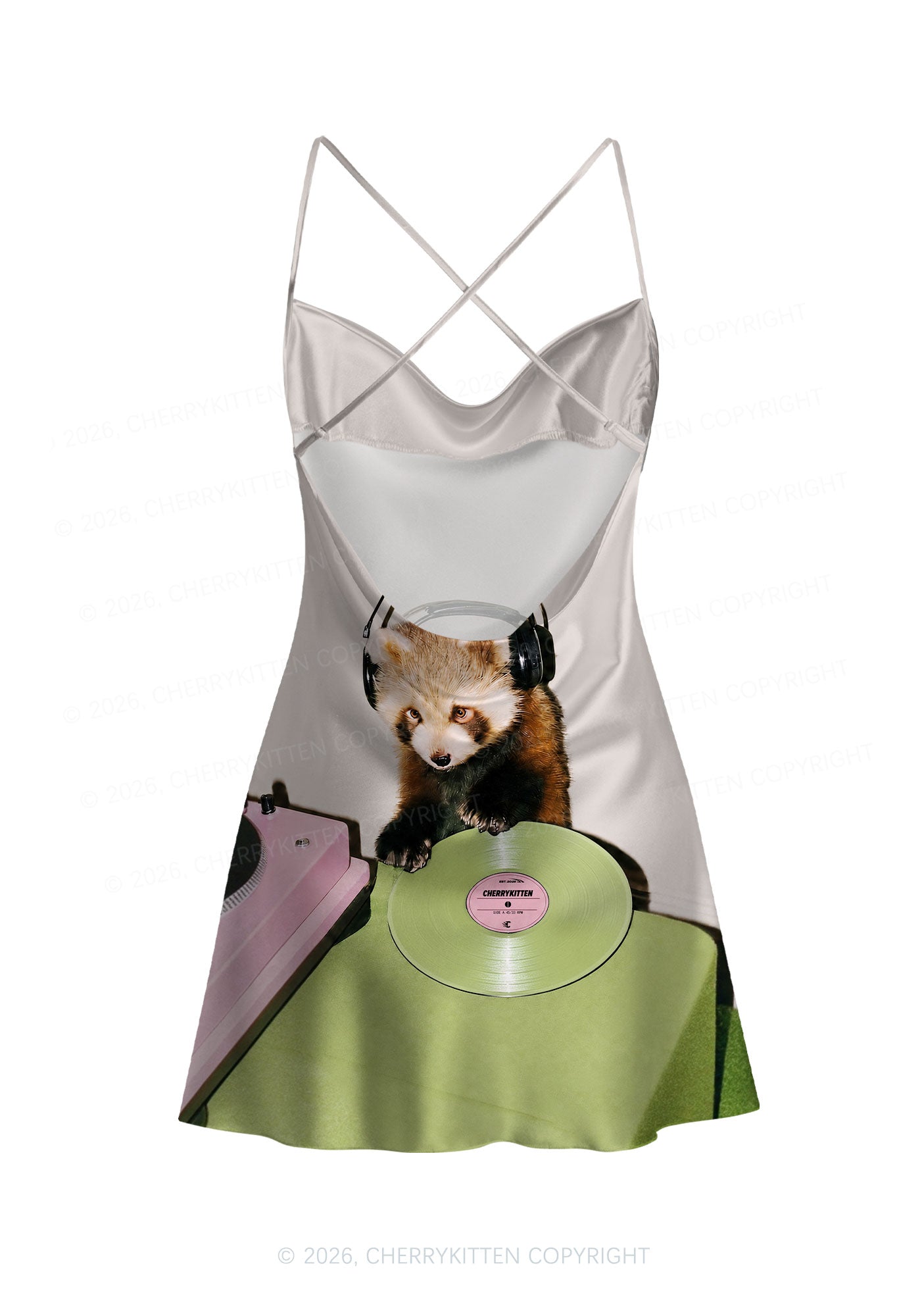 Red Panda DJ Y2K Print Satin Cowl Neck Slip Dress Cherrykitten