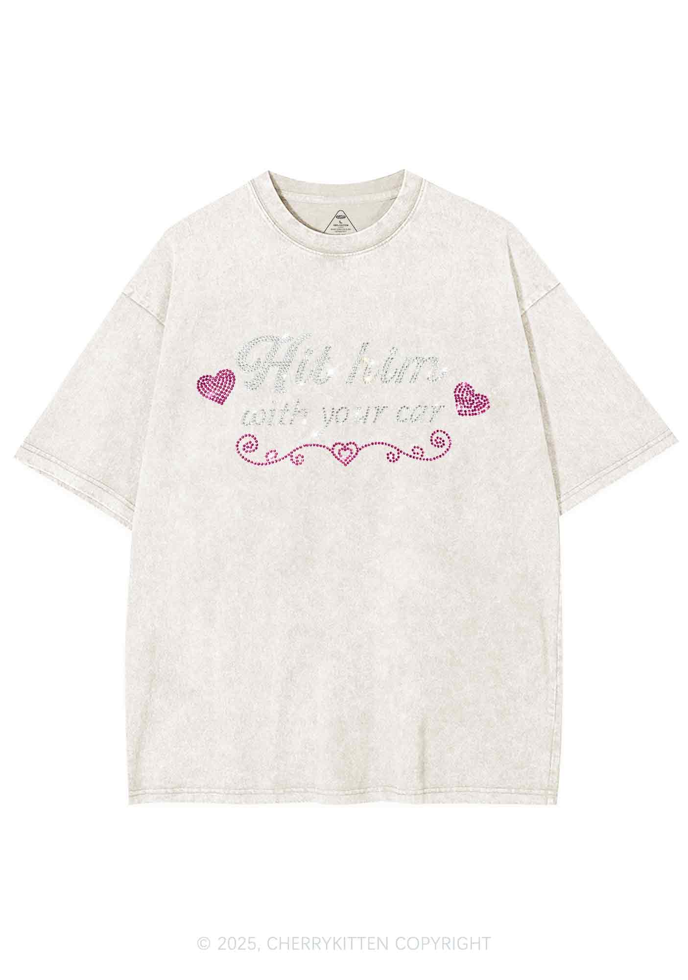 Rhinestone Hit Him Y2K Shirts Washed Tee Cherrykitten