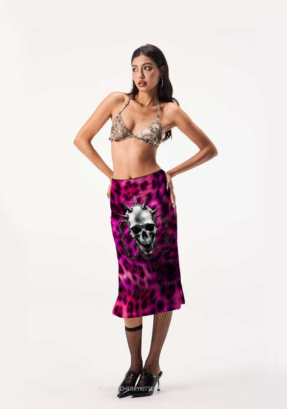 Halloween Spiked Skull Leopard Y2K Print Midi Skirt Cherrykitten