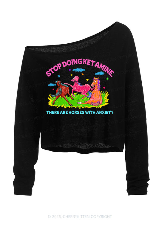 Horses With Anxiety Y2K Off Shoulder Long Sleeve Crop Top Cherrykitten