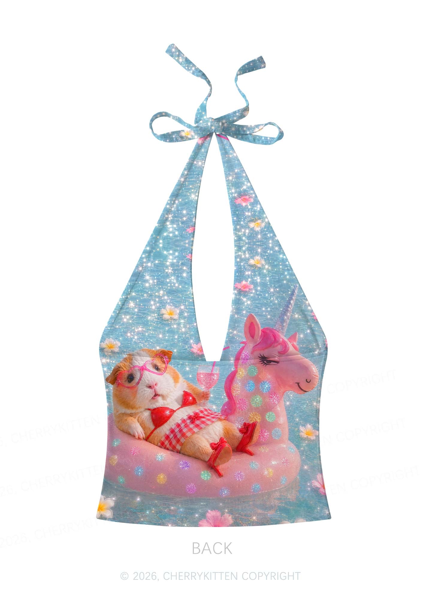 Guinea Pig On Unicorn Y2K Print Halter Deep V Neck Cami Cherrykitten