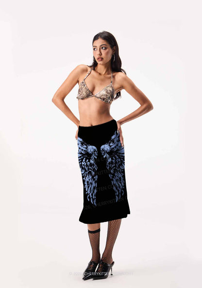 Halloween Blue Skull Angel Wings Y2K Print Midi Skirt Cherrykitten