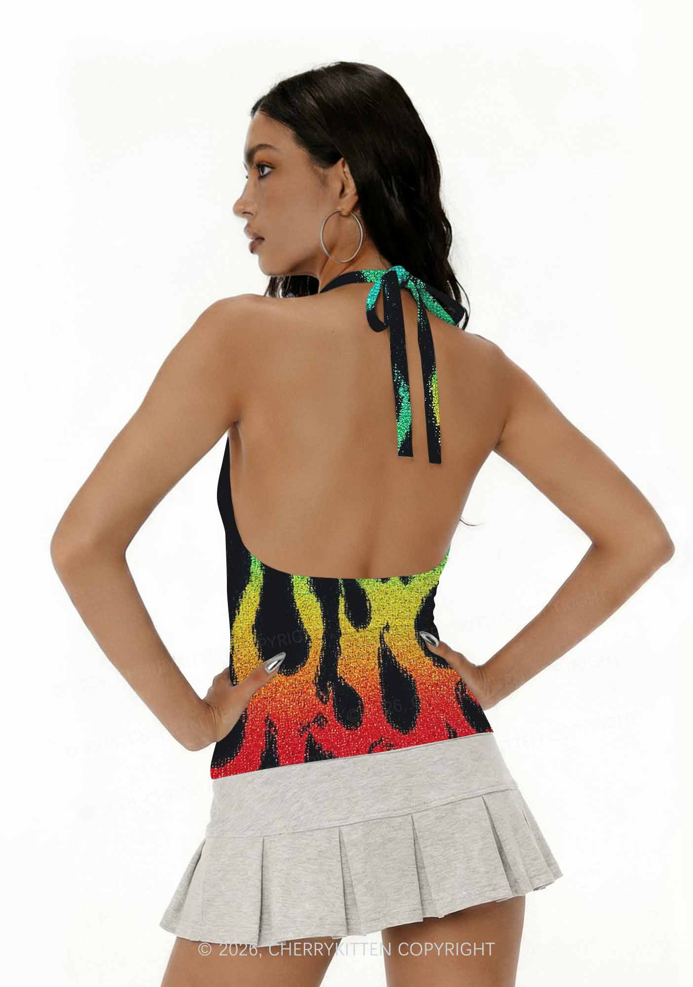 Rainbow Flame Pride Y2K Print Halter Deep V Neck Cami Cherrykitten