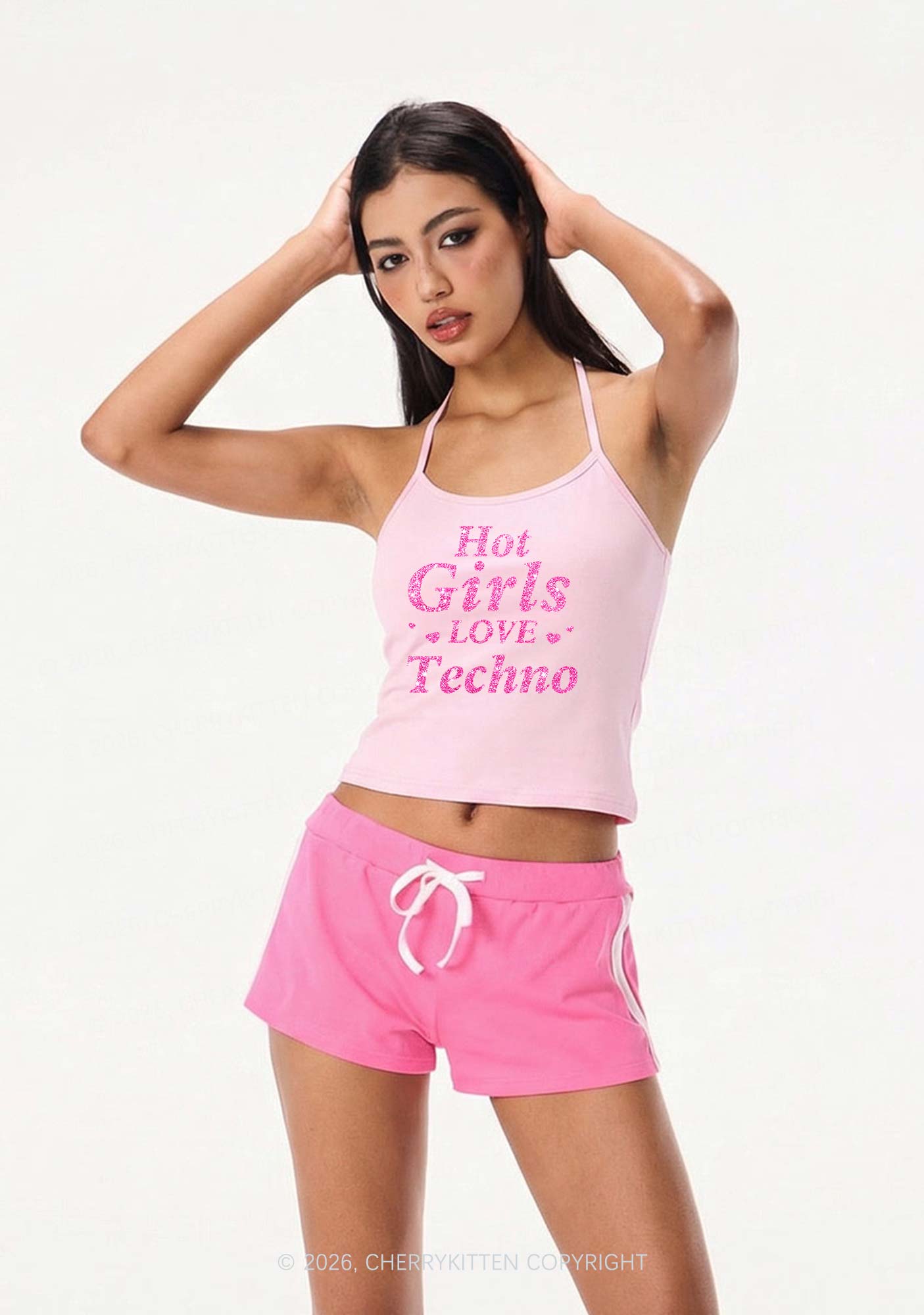 Glitter Hot Girls Love Techno Y2K Halter Neck Cami Cherrykitten