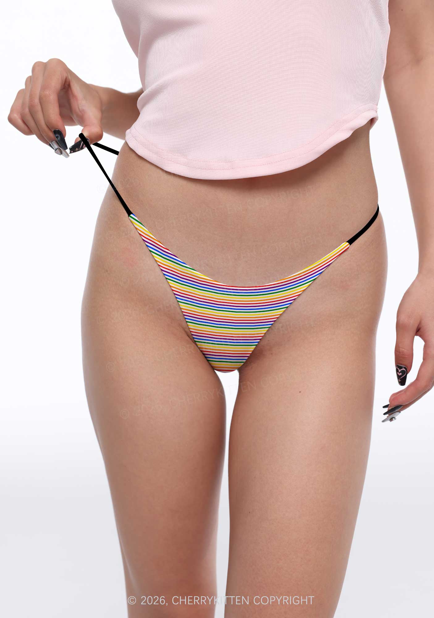 Rainbow Stripes Pride Y2K Print Bikini String Thong Cherrykitten