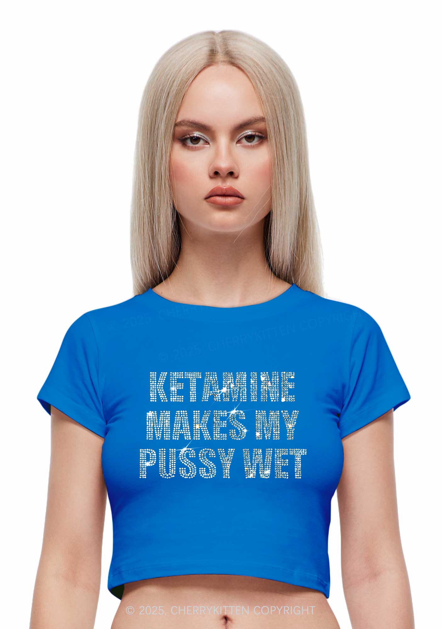 Rhinestone K Makes My Puxxy Wet Y2K Baby Tee Cherrykitten