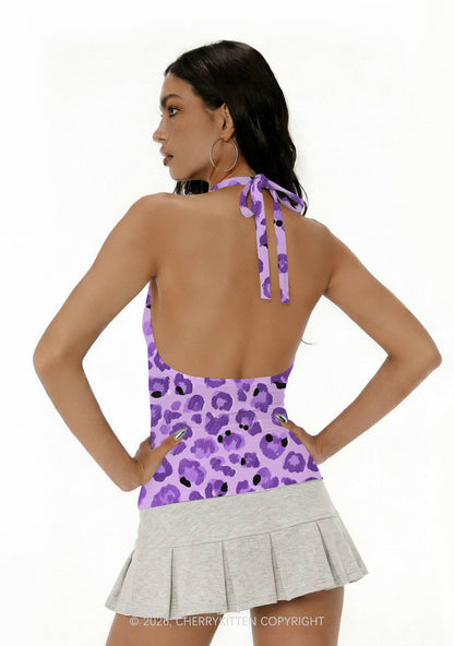 Purple Leopard Y2K Print Halter Deep V Neck Cami Cherrykitten