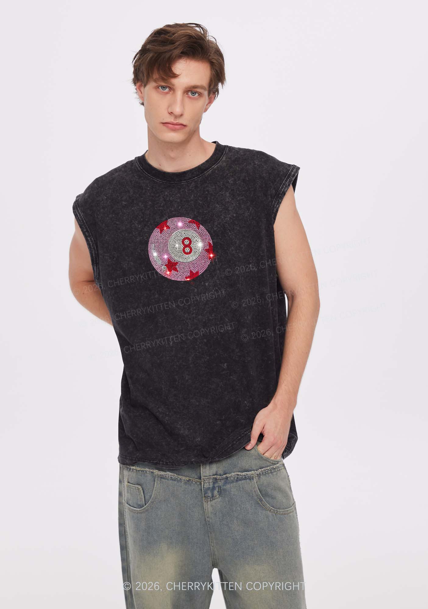 Rhinestone Pink Eight Ball Star Y2K Washed Muscle Tank Cherrykitten