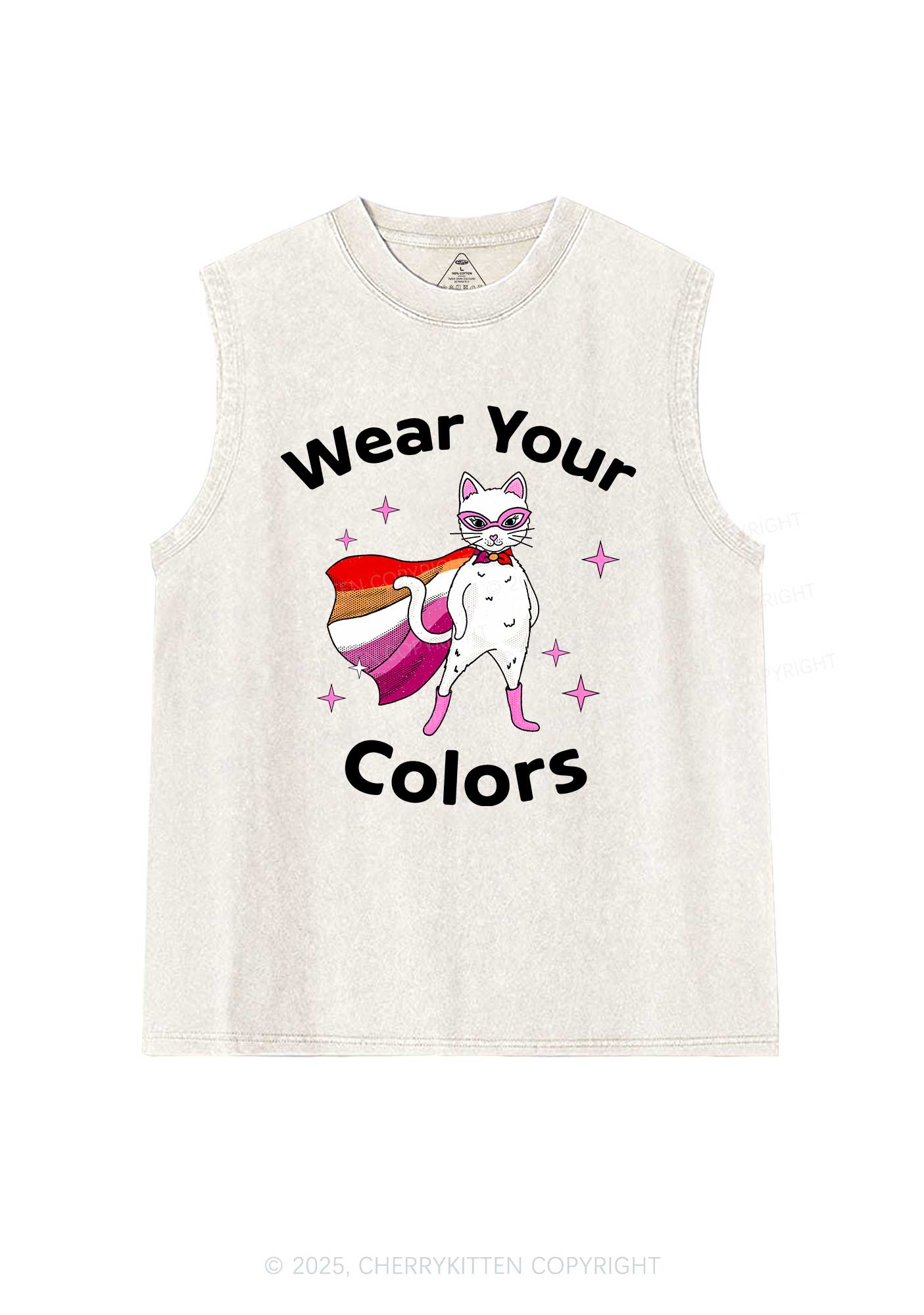 Lesbian Flag Cat Pride Y2K Washed Muscle Tank Cherrykitten