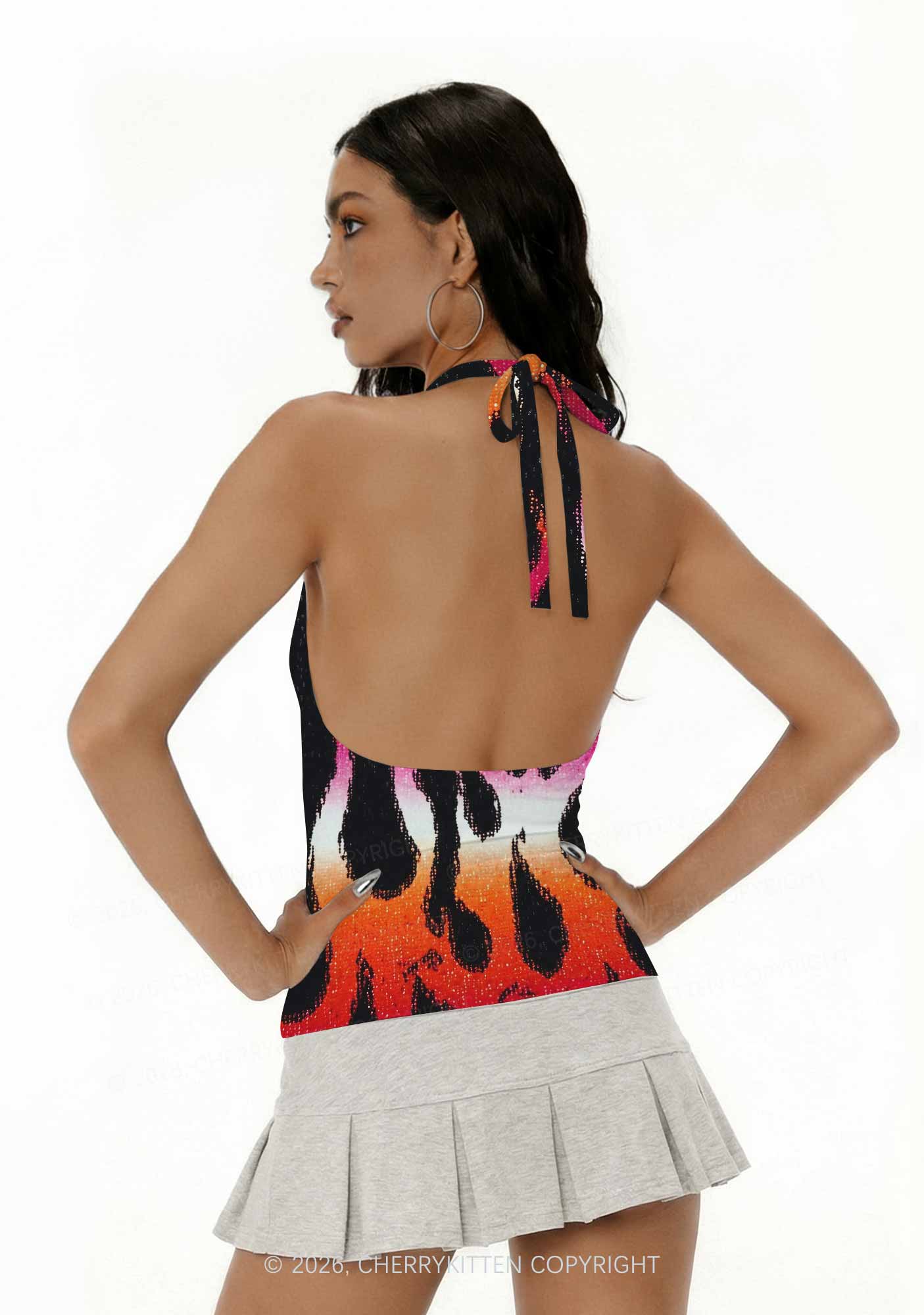 Lesbian Flame Pride Y2K Print Halter Deep V Neck Cami Cherrykitten