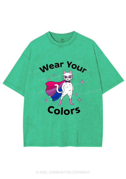 Bisexual Flag Cat Pride Y2K Shirts Washed Tee Cherrykitten