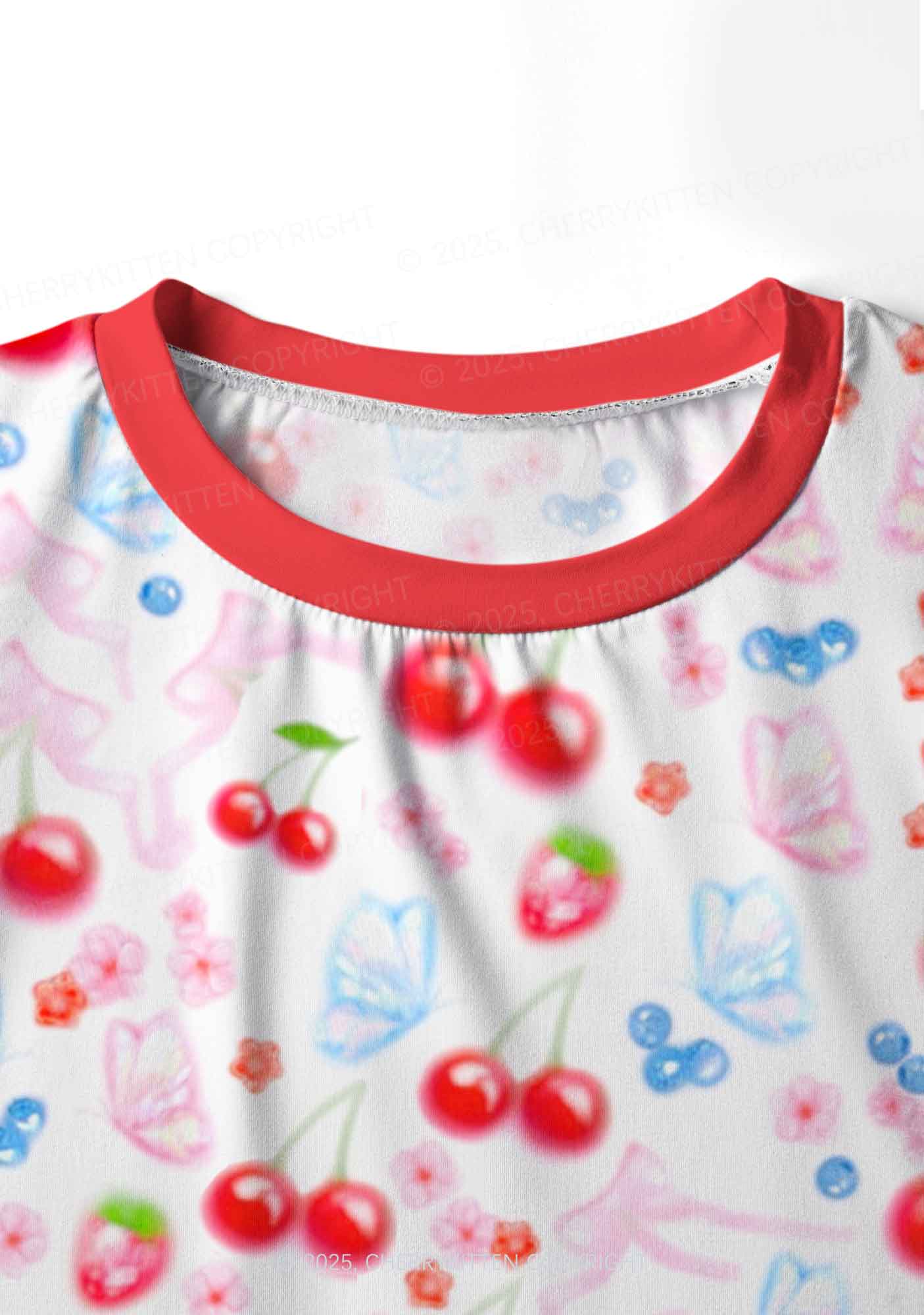 White Cherry Pie Valentine's Day Y2K Print Long Sleeve Pajama Set Cherrykitten